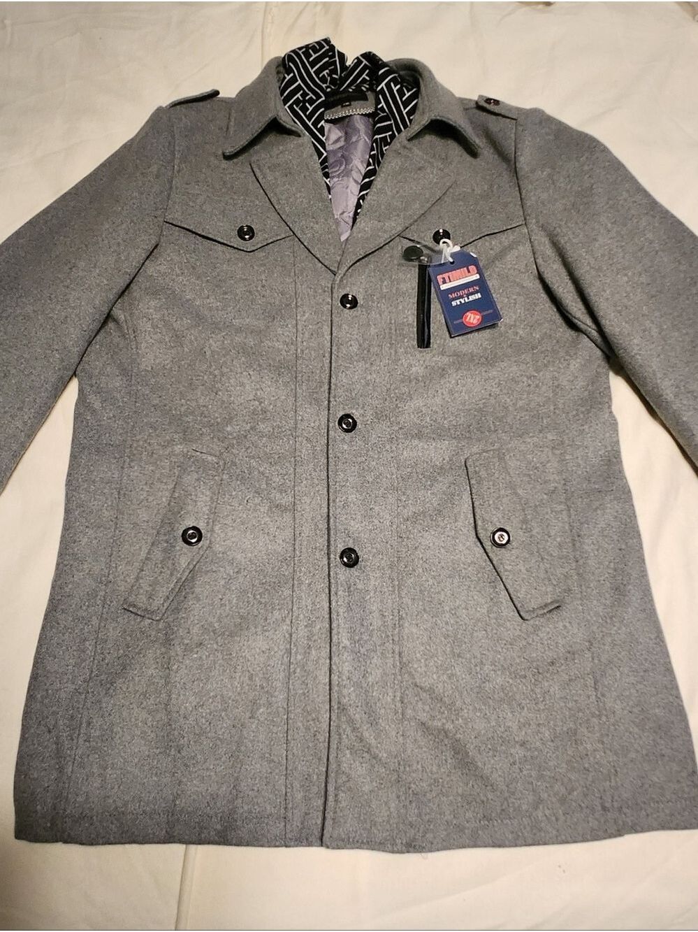 Amazon Wool Blend Detachable Scarf Mens Collar Trench Pea Coat Grey 2X-Large - Picture 8 of 8